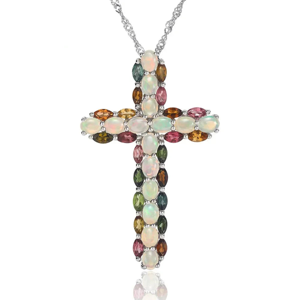 Oval cut Created Opal & Multi Gemstones Cross Pendant Necklace