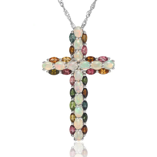 Oval cut Created Opal & Multi Gemstones Cross Pendant Necklace