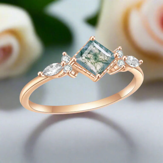 Princess Cut Moss Agate Art Deco Vintage Engagement Ring Set