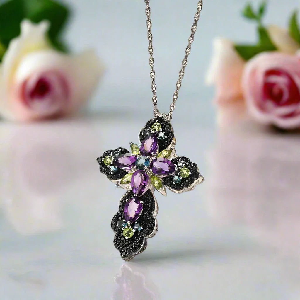 Bohemian Multicolor Gemstones Cross Necklace