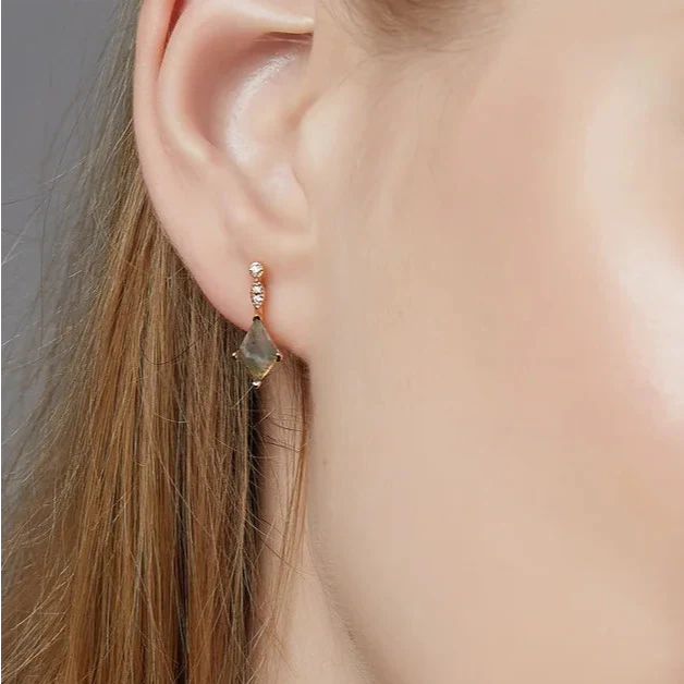 Kite Shaped Moss Agate Yellow Gold Earrings