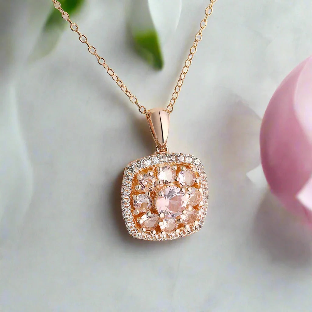 Round-cut Morganite Halo Rose Gold Necklace