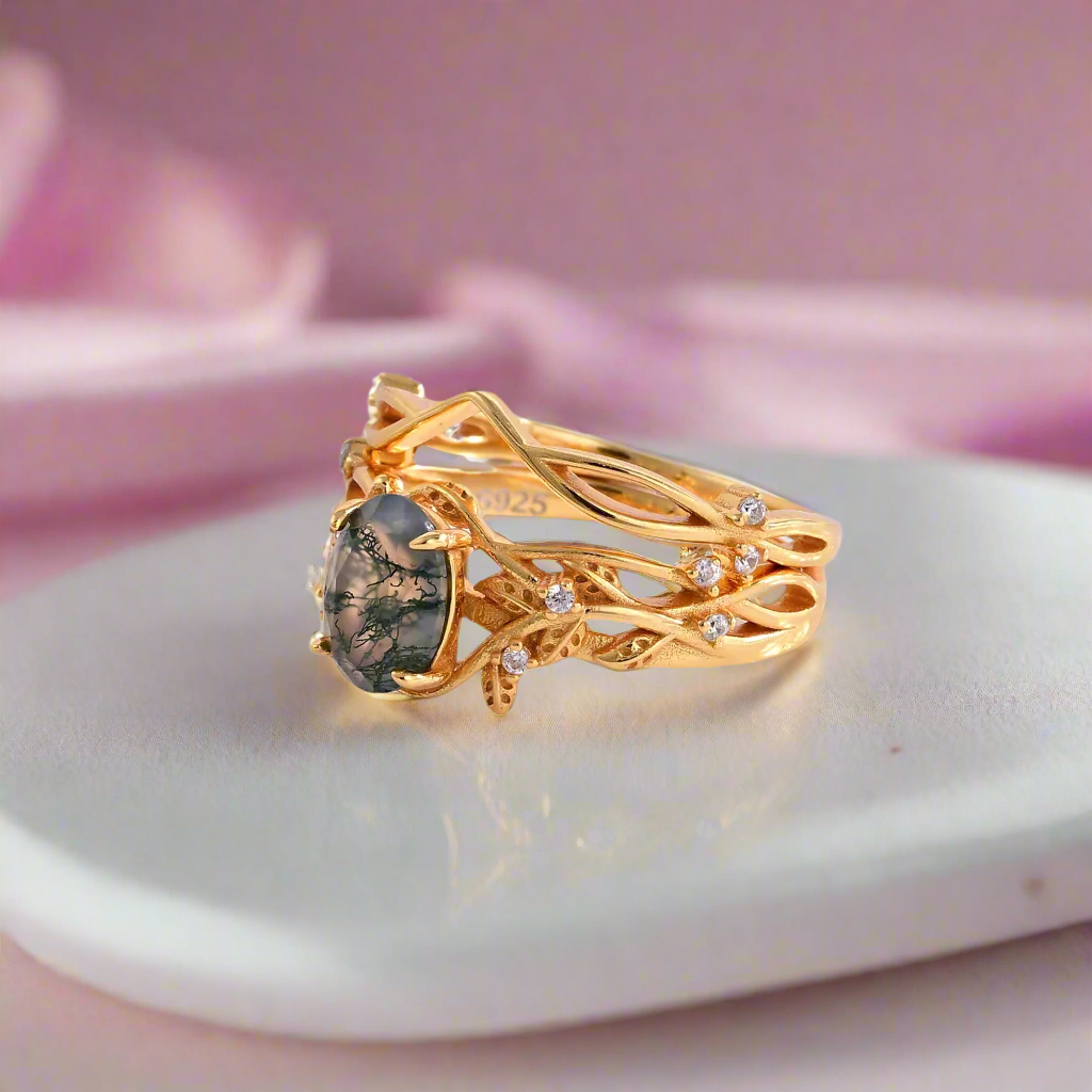Oval-cut Moss Agate Leaf Design Ring Set
