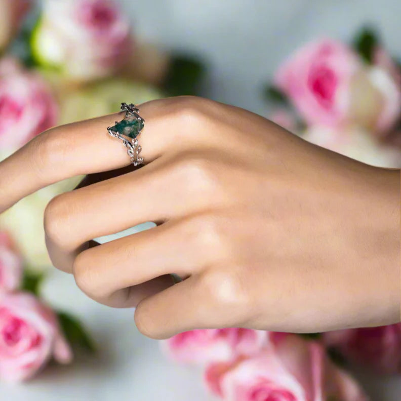 Kite Cut Natural Moss Agate Engagement Ring