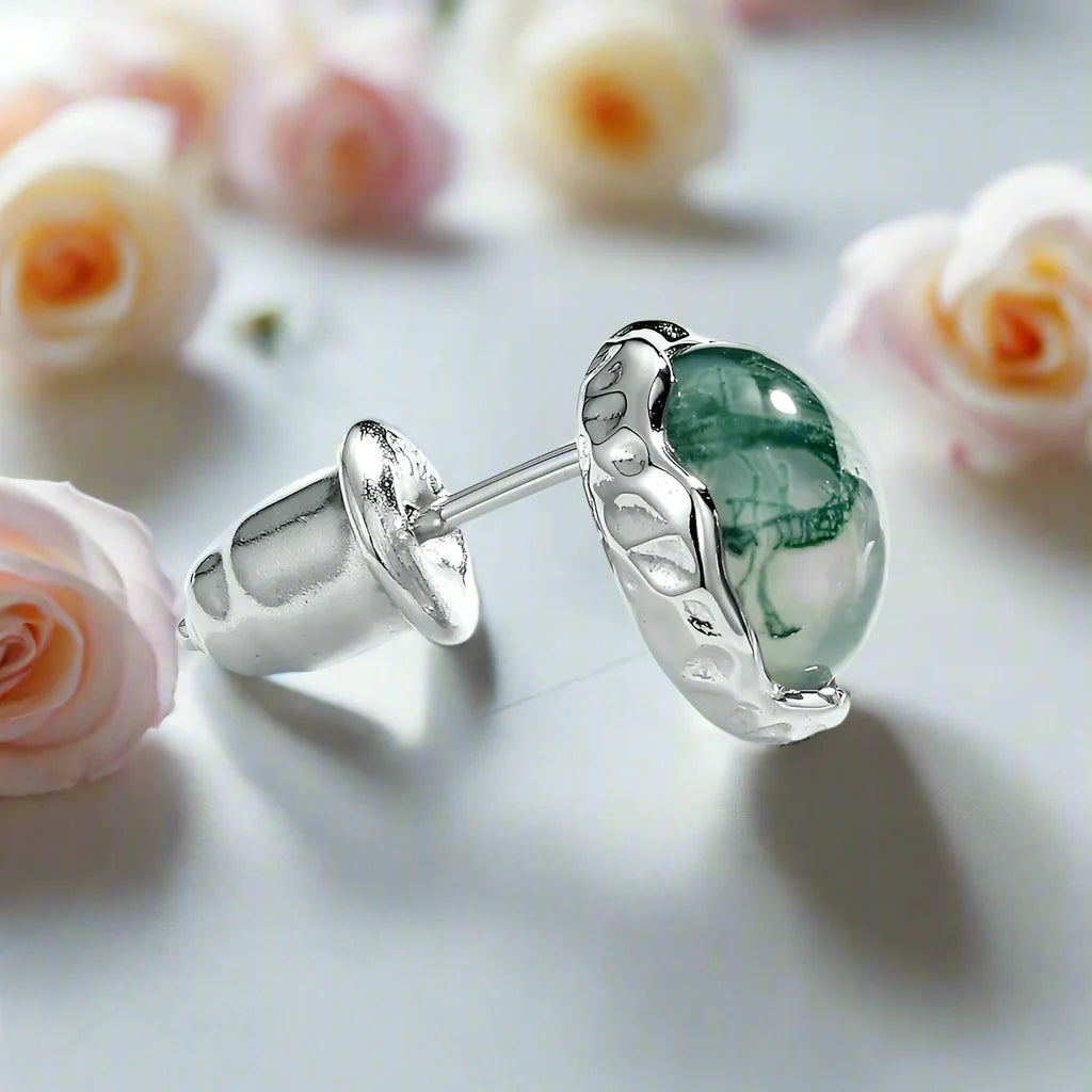 Round Moss Agate Classic Stud Earrings