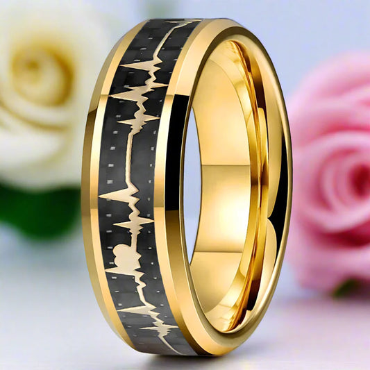 Heart Love Ring with Black Carbon Fiber Inlay Tungsten Men's Ring