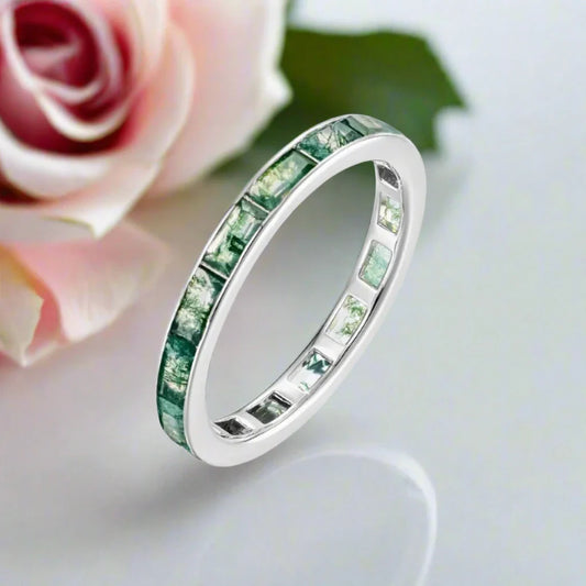 Eternity Emerald Cut Moss Agate Wedding Band