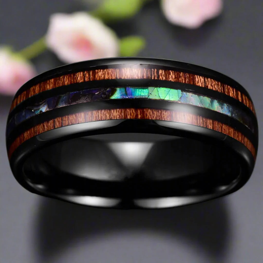 Koa Wood and Abalone Shell Inlay Tungsten Carbide Men's Ring