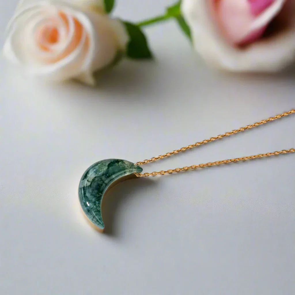 Moon Shaped Moss Agate Necklace