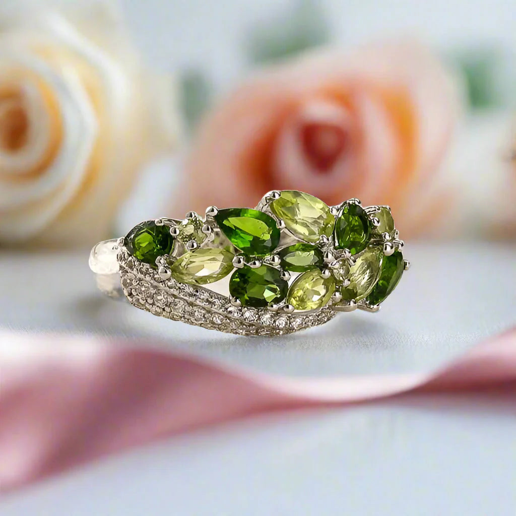 Elegant Natural Peridot Diopside Gemstone Ring