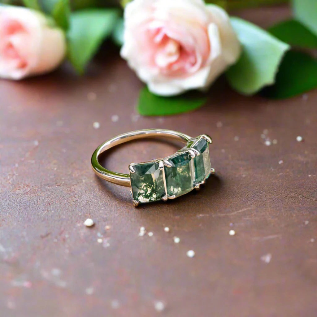 Three Stone Emerald Cut Moss Agate Ring
