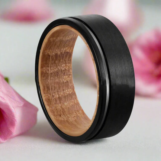 Groove Matte Finish with Inlay Wood Tungsten Carbide Men's Ring