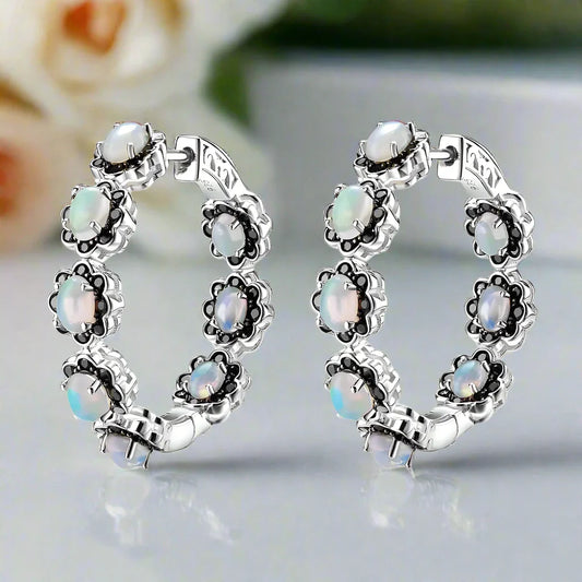 Natural Opal & Black Spinel Gemstone Hoop Earrings