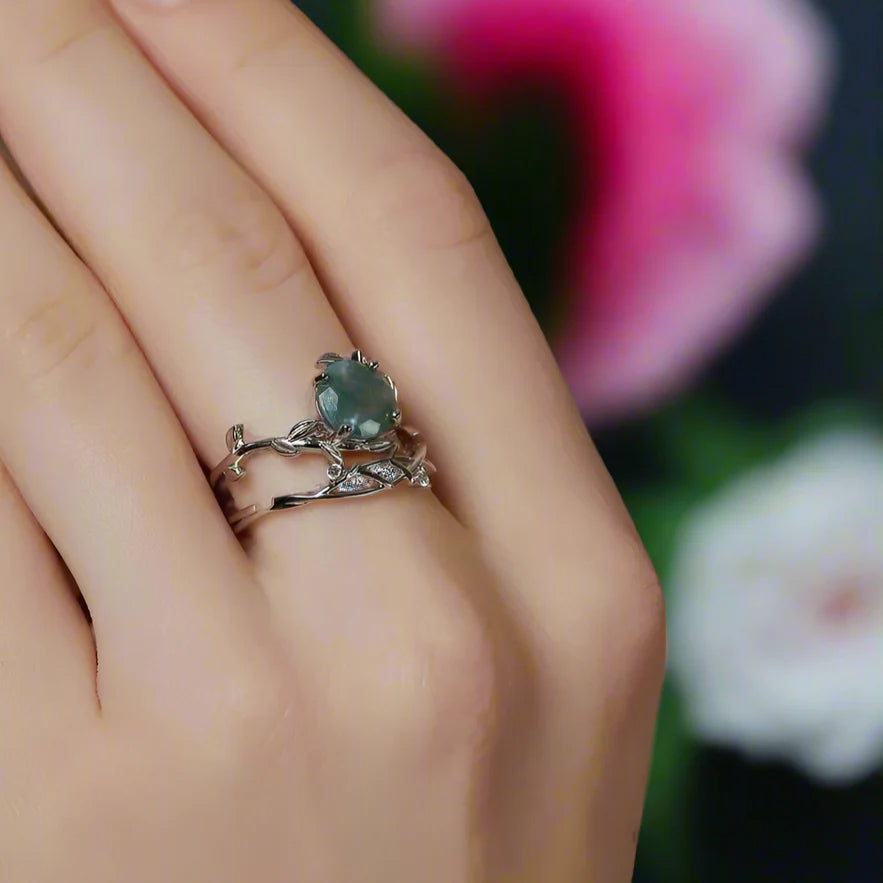 Green Moss Agate Vintage Leaf Style Resizable Ring Set