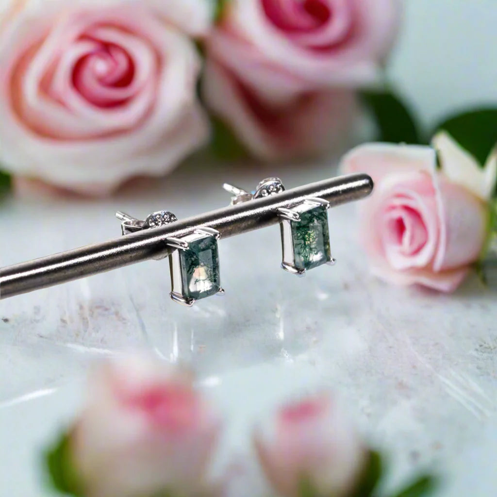 Emerald Cut Moss Agate Stud Earrings