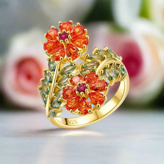 Colorful Natural Tourmaline & Orange Corundum Flower Ring