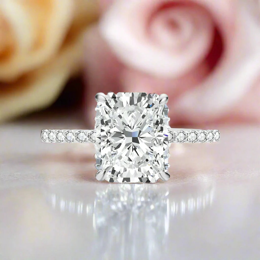 Classic Radiant-cut Diamond Half Eternity with Hidden Halo Engagement Ring