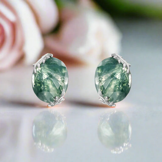 Elegant Natural Moss Agate Stud Earrings