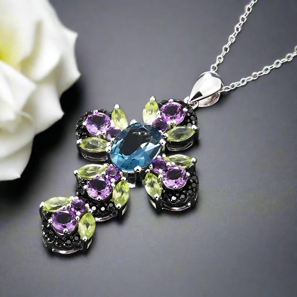 Vintage Oval-cut Natural London Blue Topaz Cross Necklace