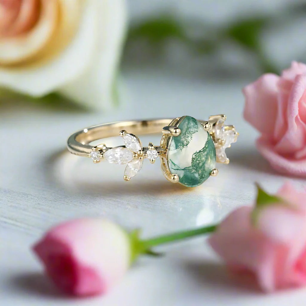 Classic Pear-cut Moss Agate Cluster Ring with Marquise-cut Side Stones