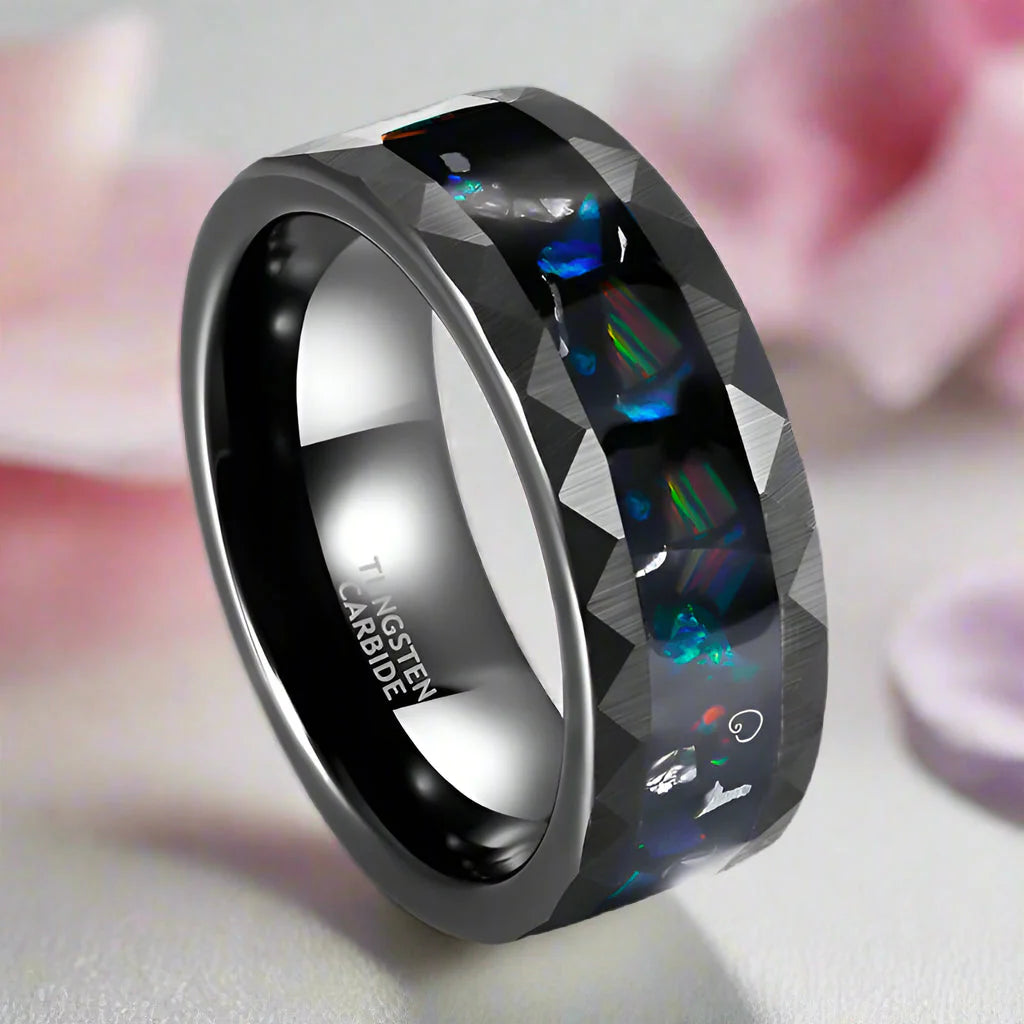 Opal and Metal Slag Inlay Hammered Black Tungsten Carbide Ring