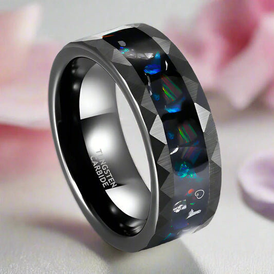Opal and Metal Slag Inlay Hammered Black Tungsten Carbide Ring