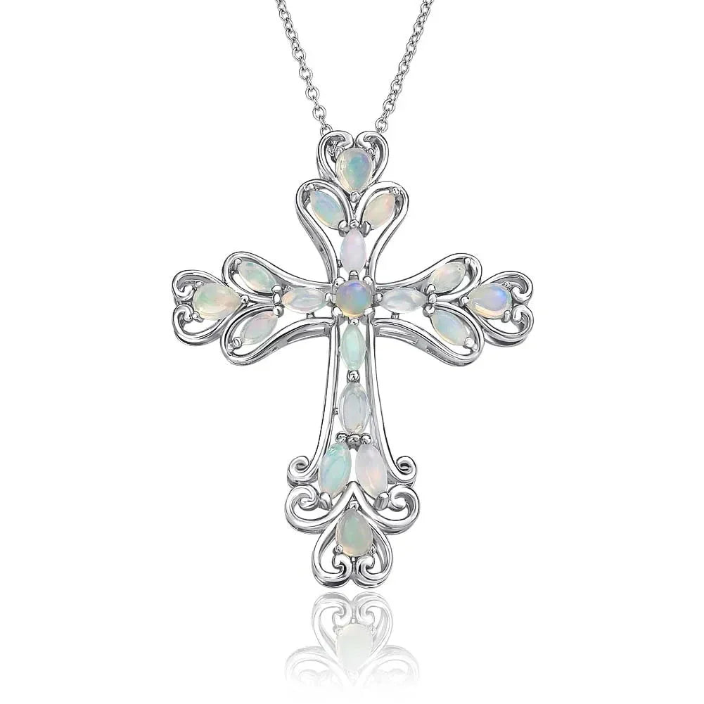 Oval cut Created Opal & Multi Gemstones Cross Pendant Necklace