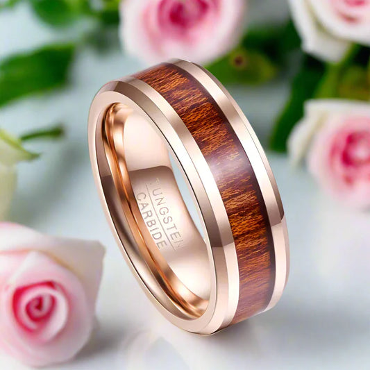 Koa Wood Inlay Beveled Edge Tungsten Carbide Ring
