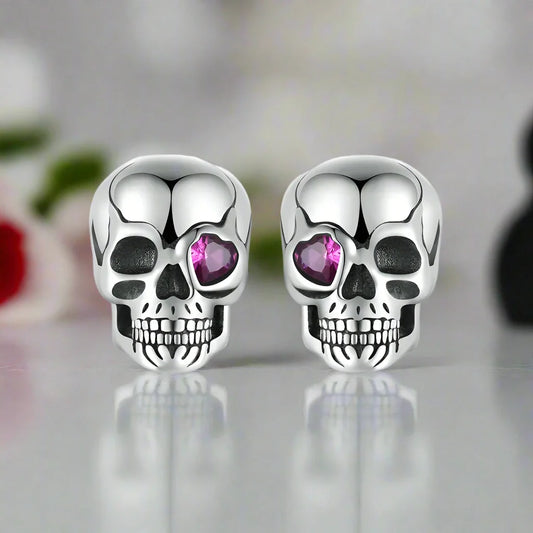 Cool Skull Pink Heart-shaped Diamond Stud Earrings