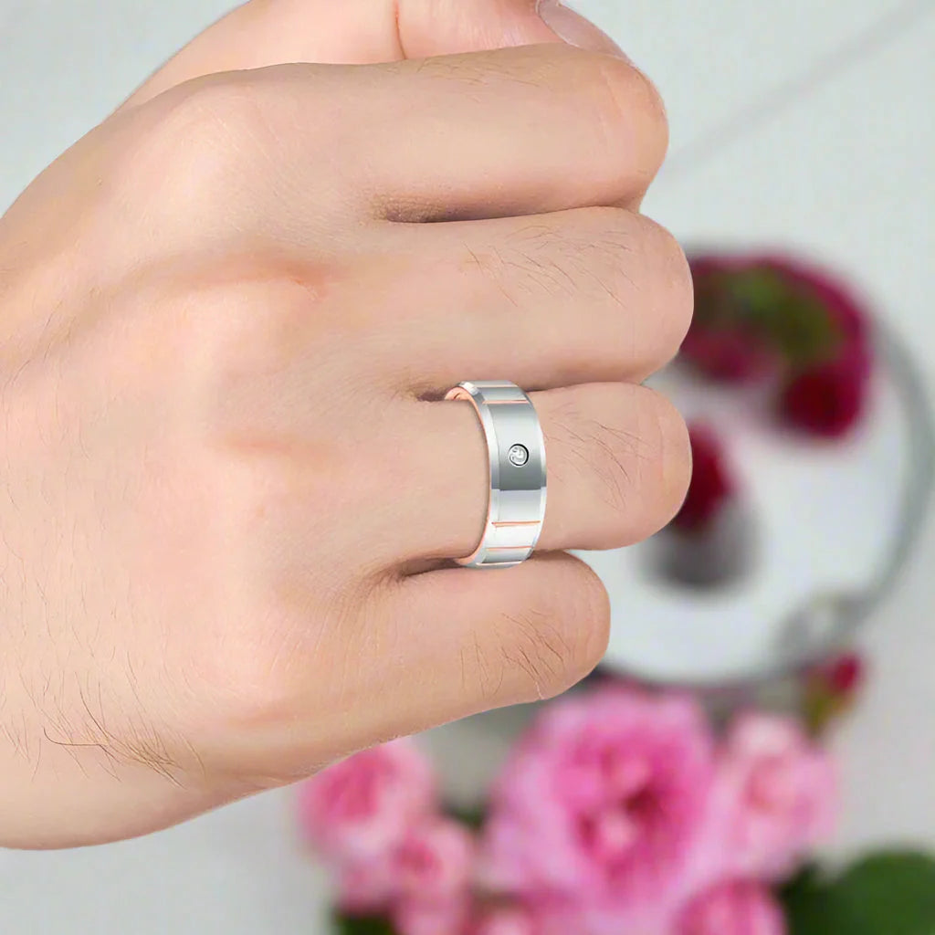 Beveled Edge Dome Polished Tungsten Men's Ring with Diamond