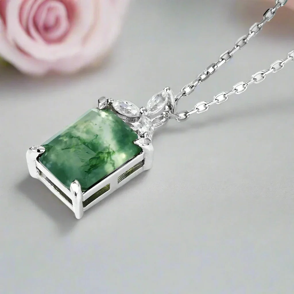 Unique Emerald Cut Natural Moss Agate Jewelry Set