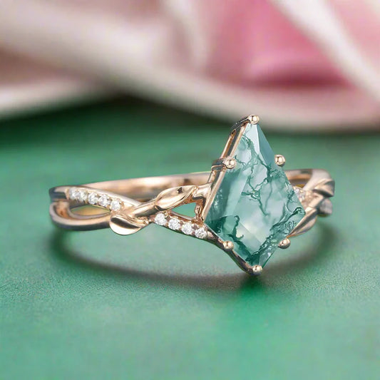 Kite Shaped Moss Green Agate Twisted Engagement Ring