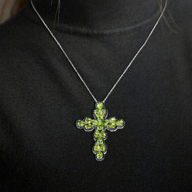 Pear-cut Peridot with Black Spinel Cross Pendant Necklace