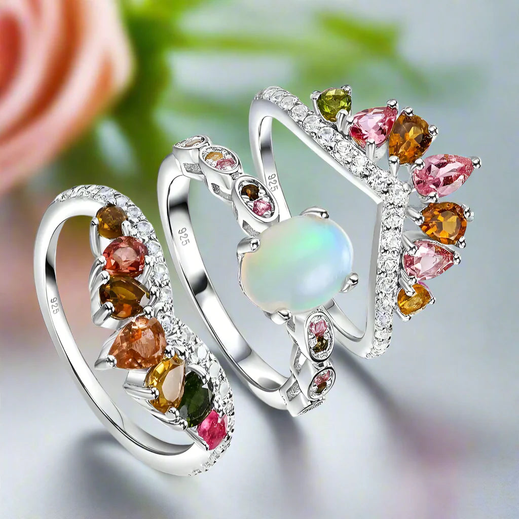 3-Piece Natural Opal Tourmaline Gems Ring Set