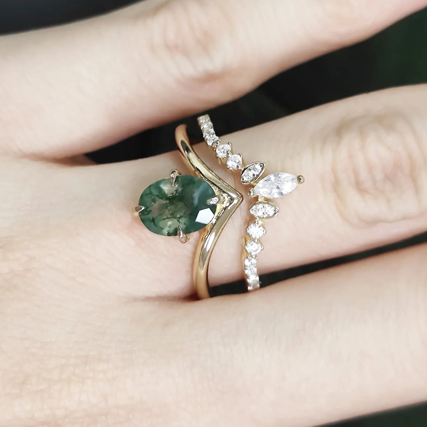 Oval Cut Moss Agate Chevron Cluster Engagement Ring Set