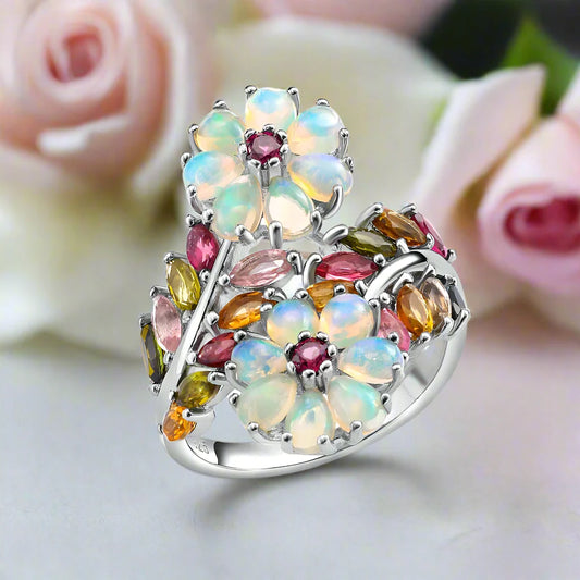 Opal & Tourmaline Gemstone Flower Ring