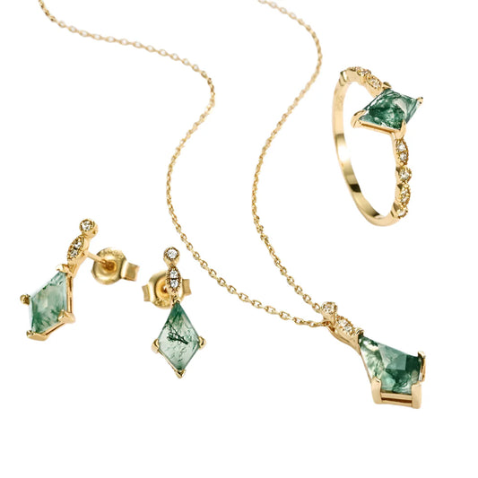 Kite Cut Natural Moss Agate Jewelry Set