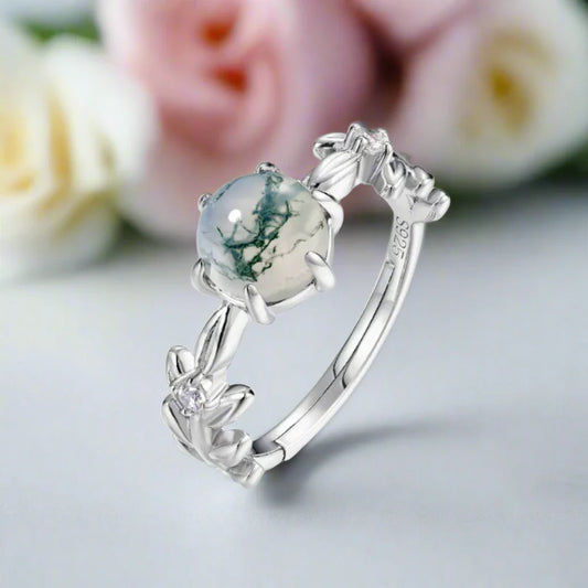 Round Cut Moss Agate Engagement Rings with Olive Branch Design