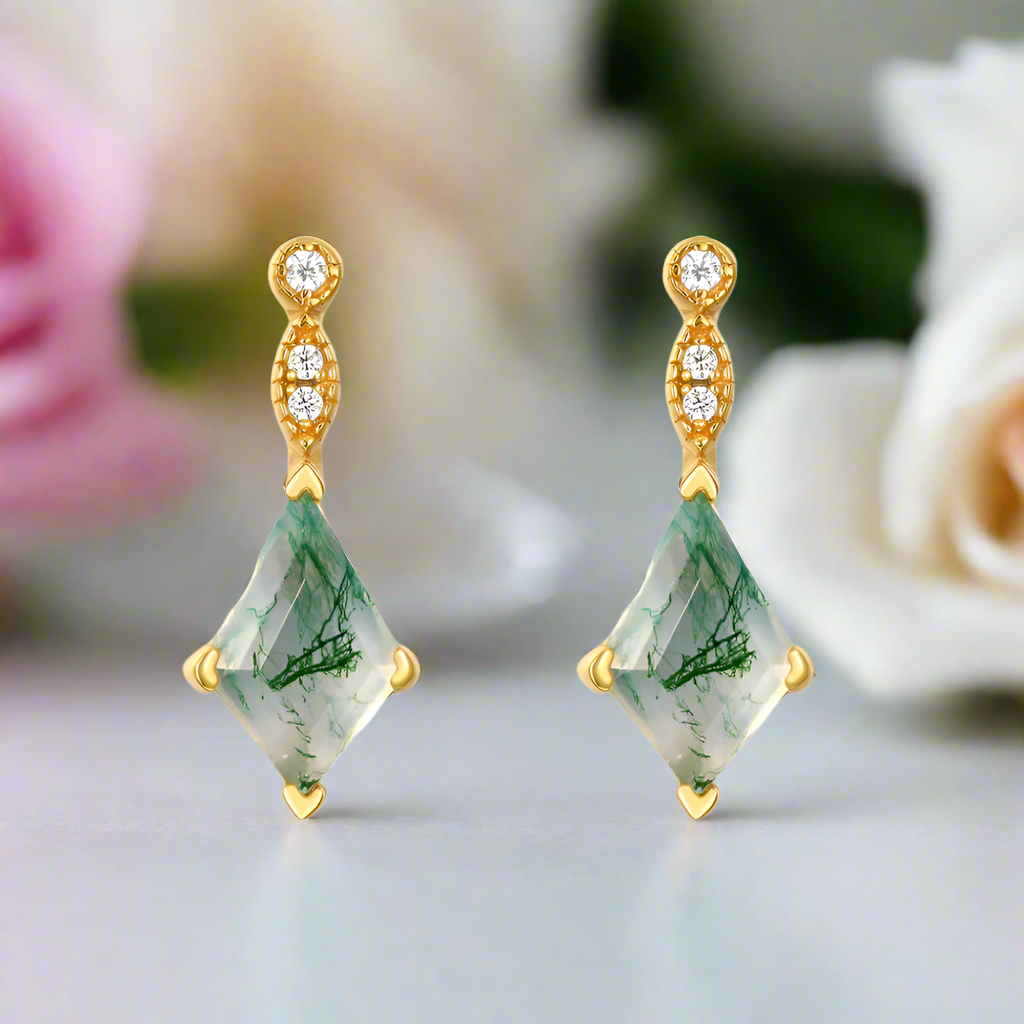 Kite Shaped Moss Agate Yellow Gold Earrings
