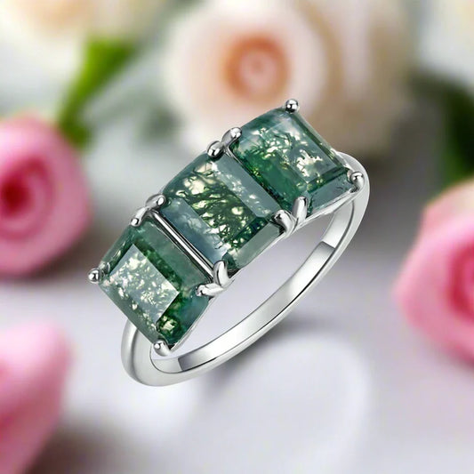 Three Stone Emerald Cut Moss Agate Ring