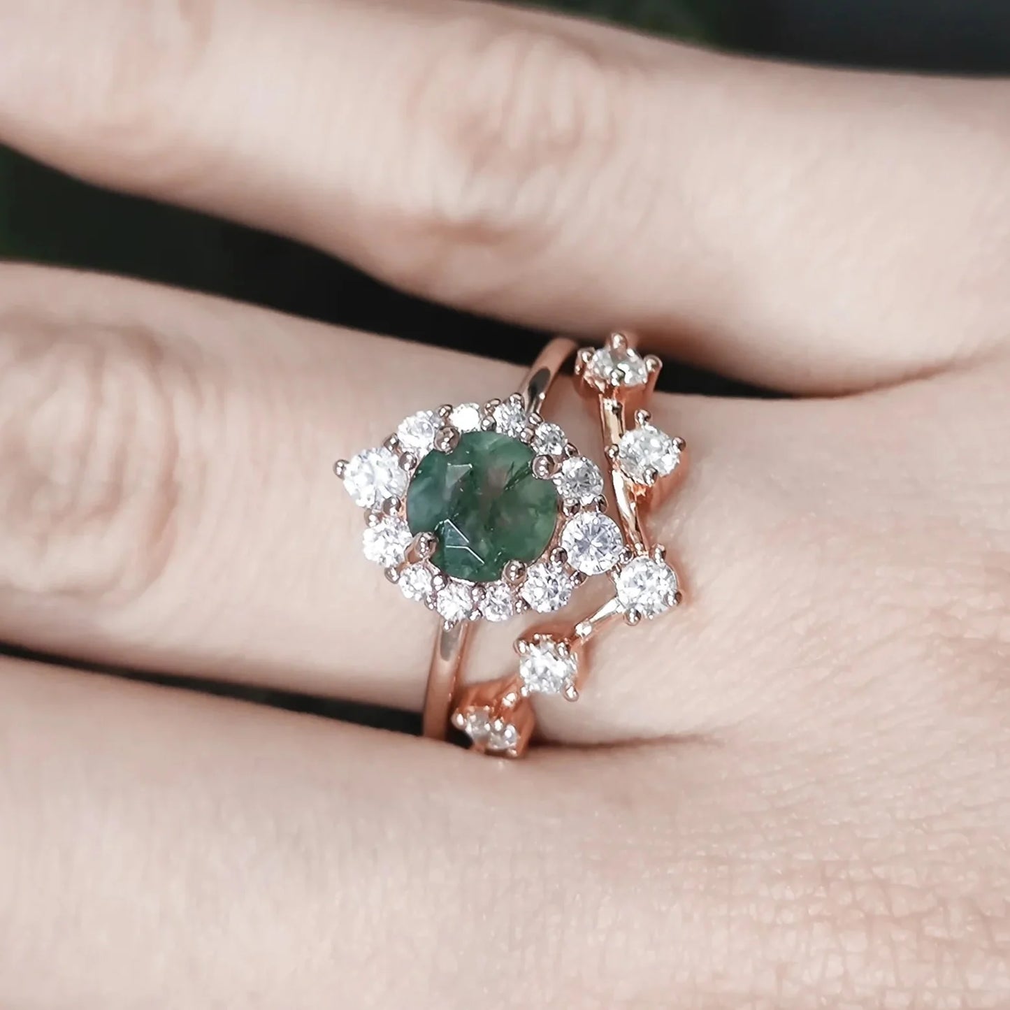 Vintage Moss Agate Halo Promise Chevron Cluster Engagement Ring Set