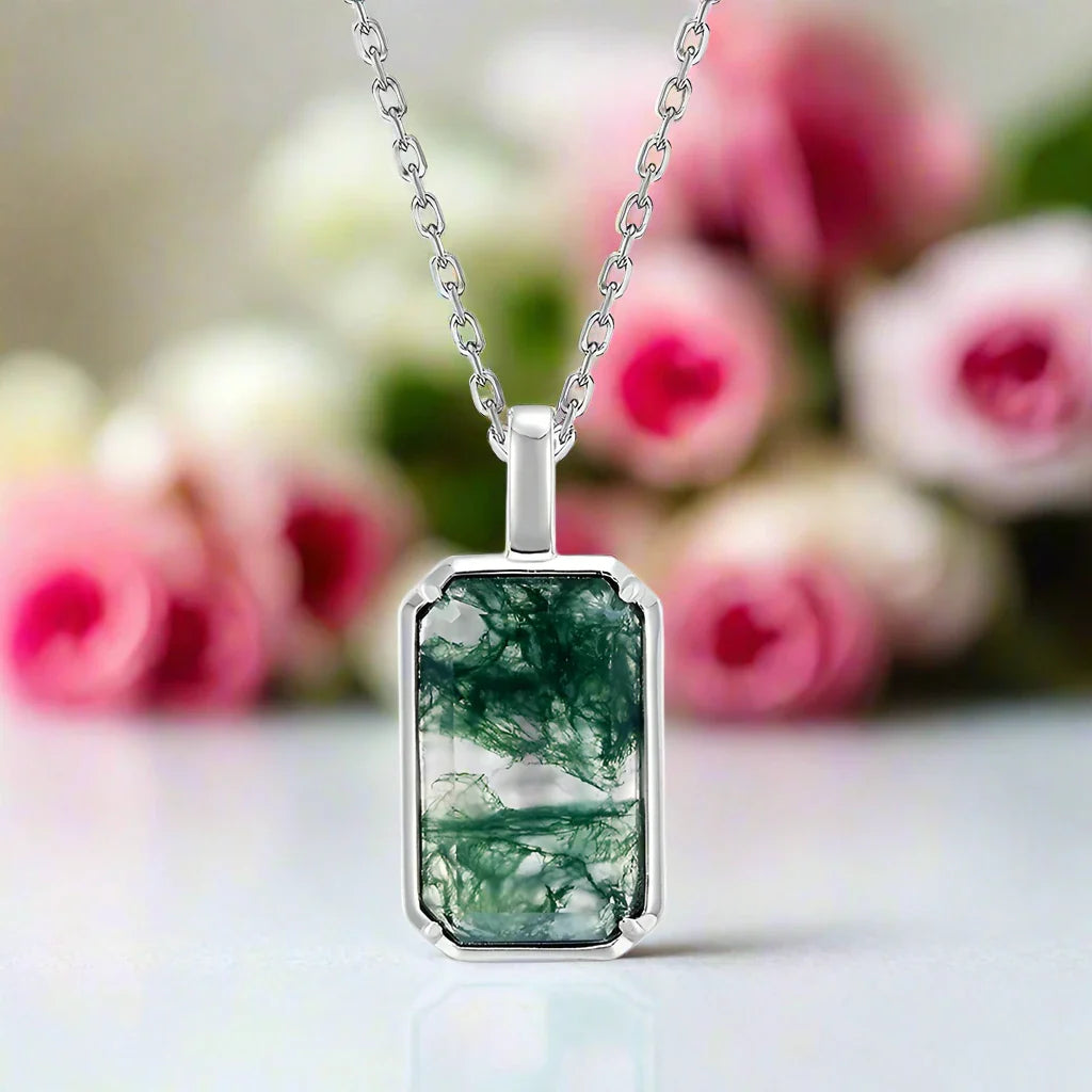 Emerald Cut Moss Agate Necklace