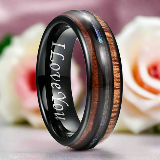 Koa Wood and Abalone Shell Inlay Tungsten Carbide Men's Ring