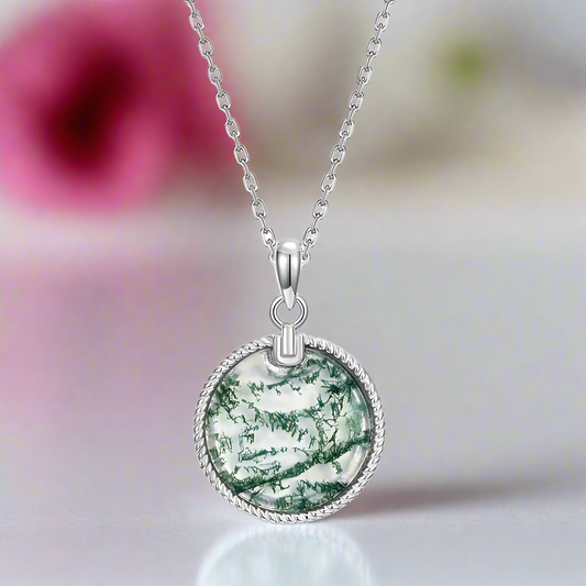 Unique Round Moss Agate Pendant Necklace