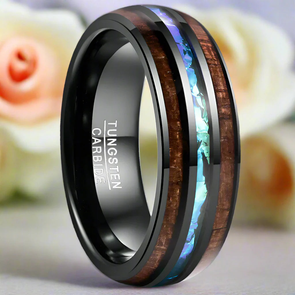 Koa Wood and Abalone Shell Inlay Tungsten Carbide Men's Ring