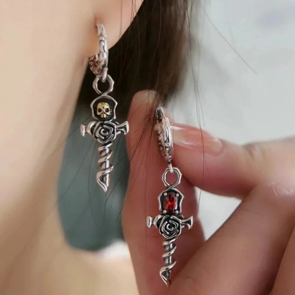 Vintage Gold Skull Rose Earrings