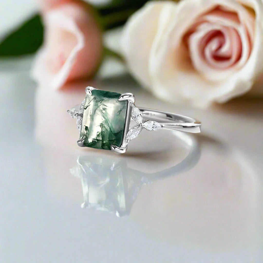 Unique Emerald Cut Natural Moss Agate Jewelry Set