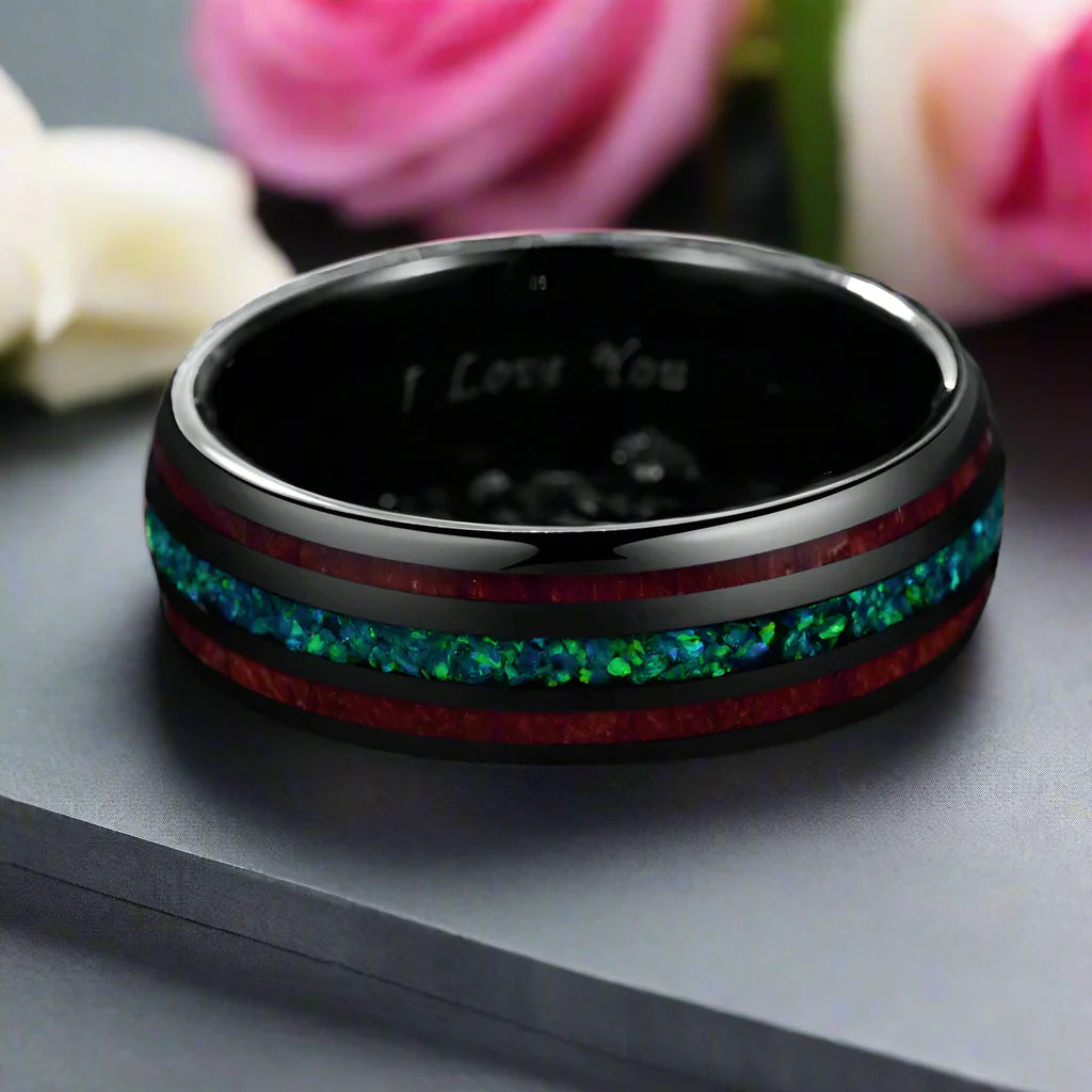 Natural Acacia Wood and Green Opal Tungsten Carbide Ring