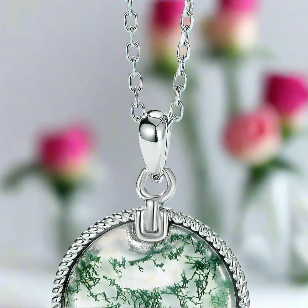 Unique Round Moss Agate Pendant Necklace