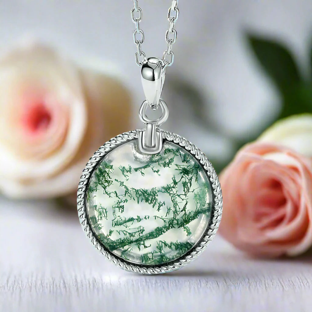 Unique Round Moss Agate Pendant Necklace